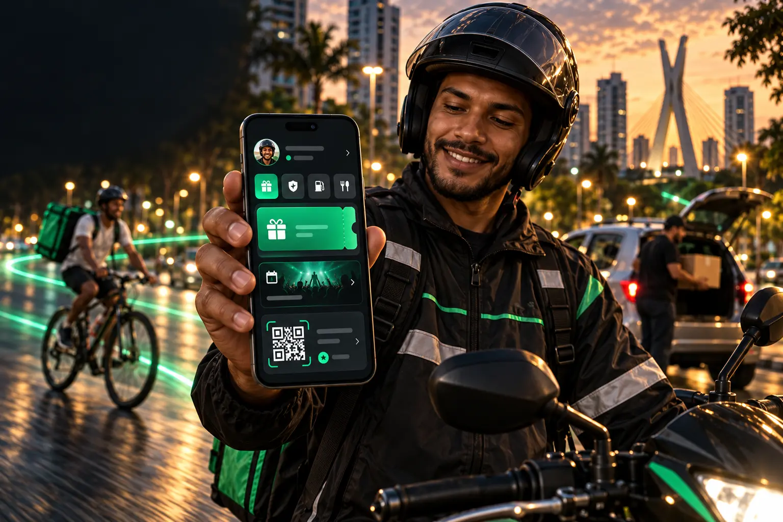 Entregador segurando o celular com o aplicativo CORRE aberto