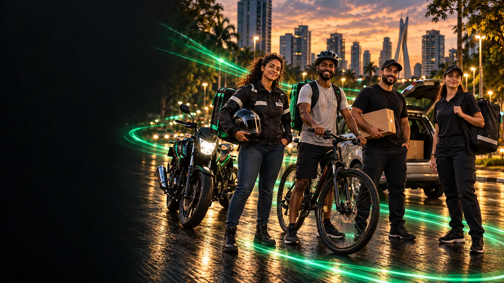 Grupo de entregadores reunidos ao lado das suas motos, bicicletas e carro