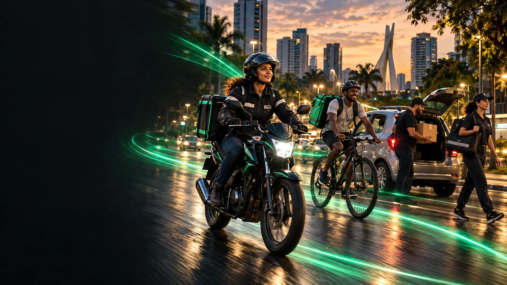 Entregadores de moto, bicicleta, carro e a pé em uma avenida da cidade ao entardecer